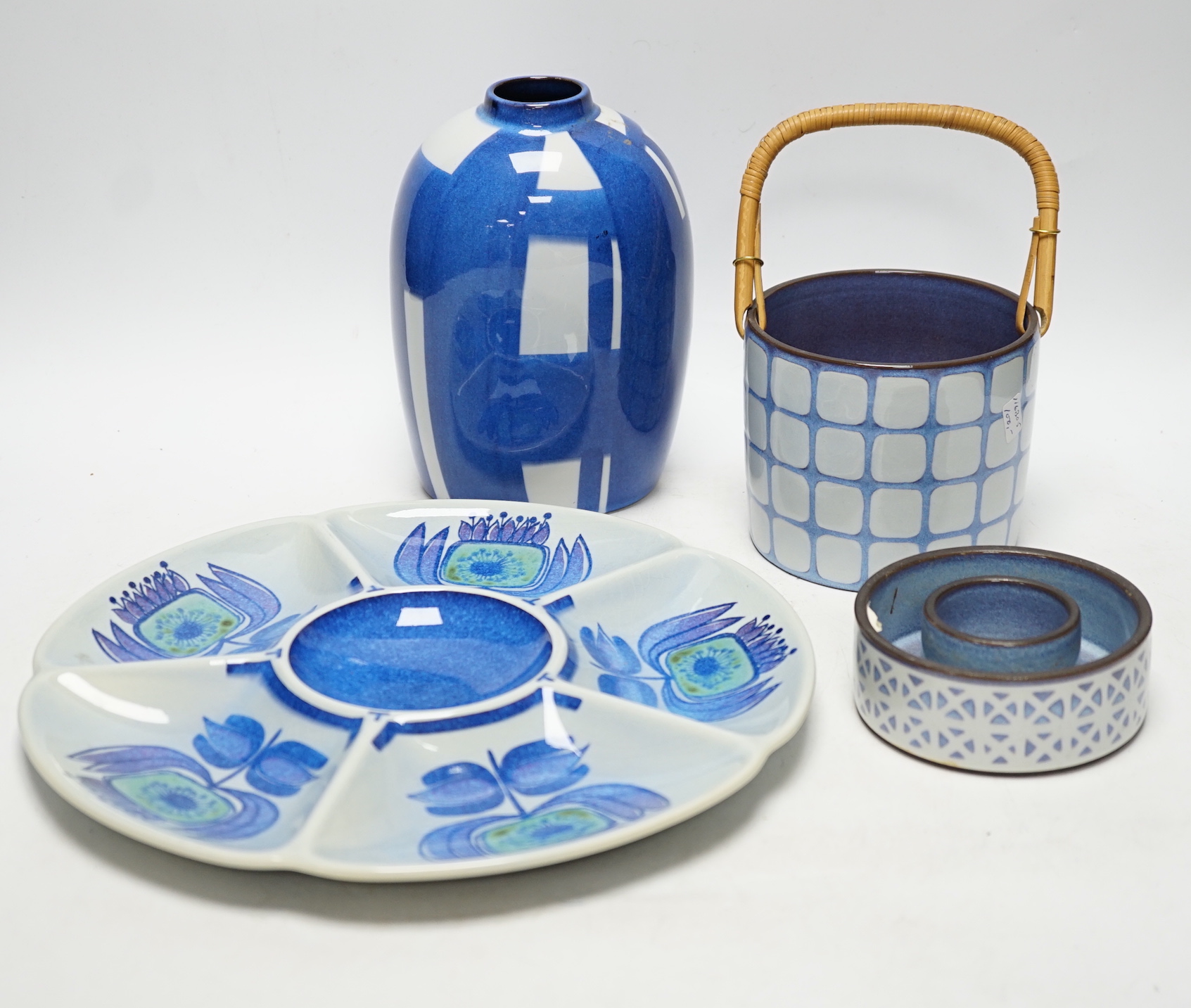 A Royal Copenhagen Alumina ware blue and white vase, a bamboo handled pot, a circular five section entre dish and shallow circular ringed vase, blue and white vase 18cm